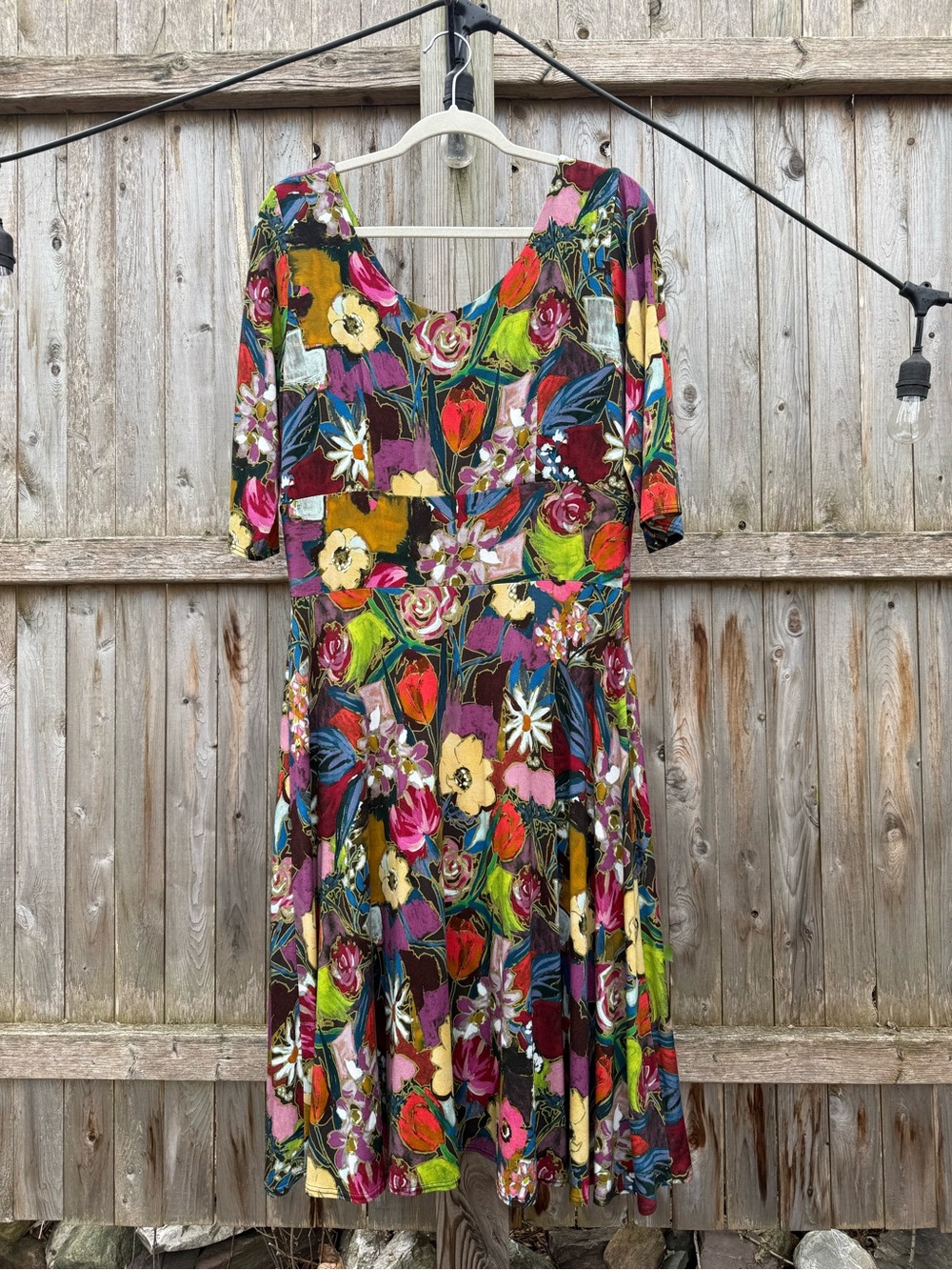 Salaam Marilyn 3/4 Sleeve Midi Dress V-Neck Viscose Jersey Painterly Artsy - Picture 5 of 6